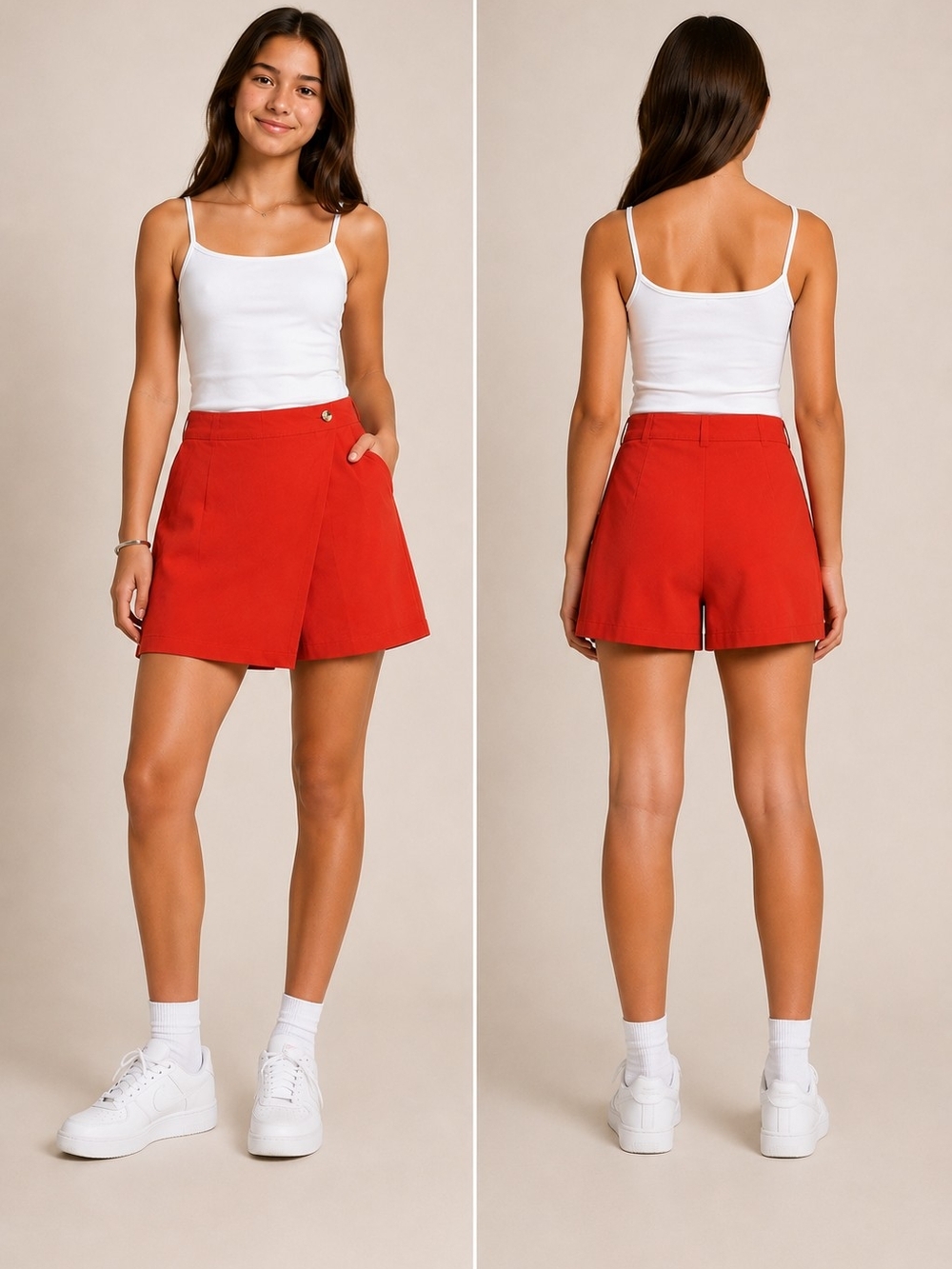 Girl's Orangish-Red Wrap-Style Skort with Button Detail